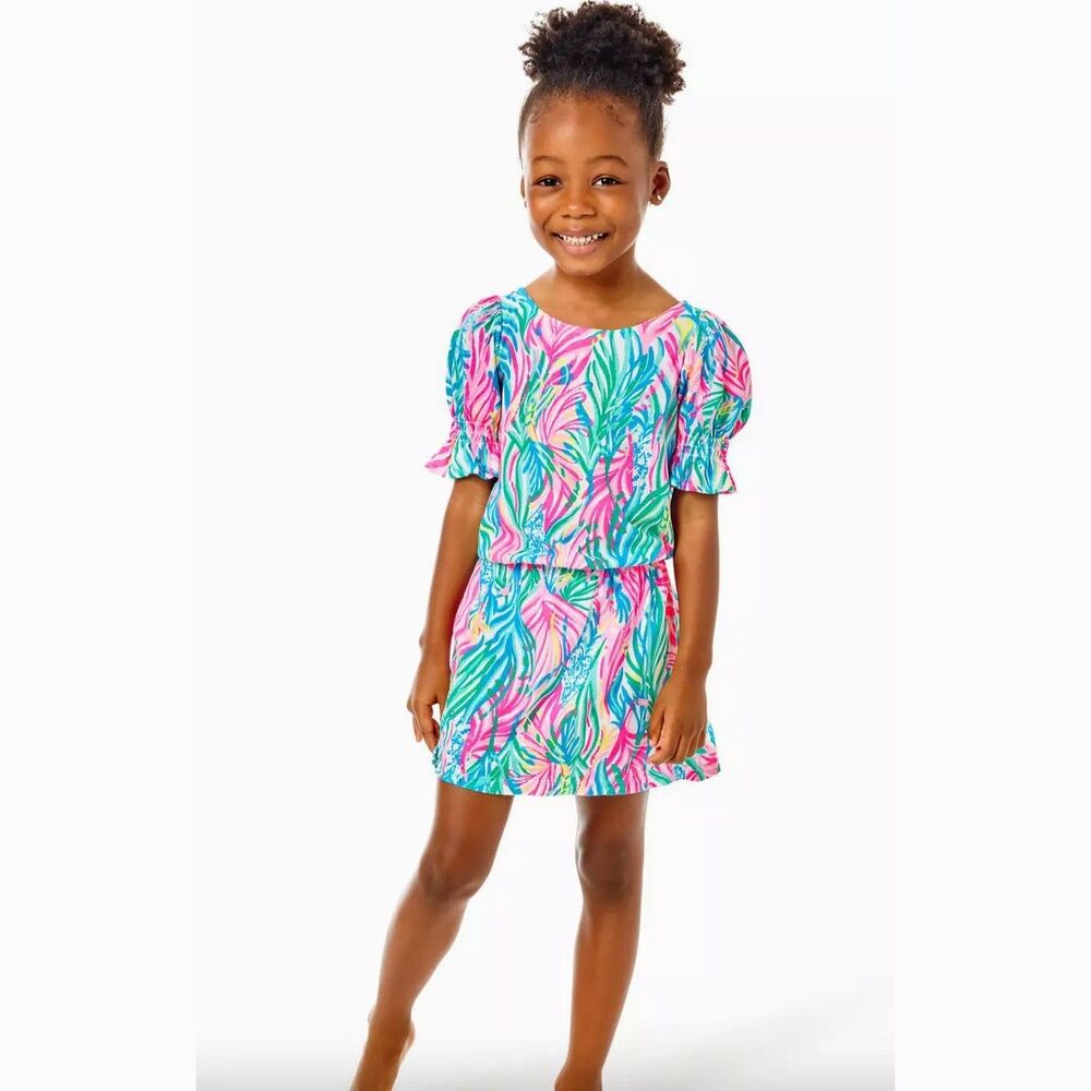 Lilly Pulitzer Girls Mini Adley Romper Printed Puff Sleeve S 4-5 Years 281203